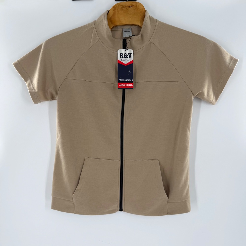 Ravmen R&V Sport Mens Tan Khaki Short Sleeve Full Zip Jacket Mock Neck Large